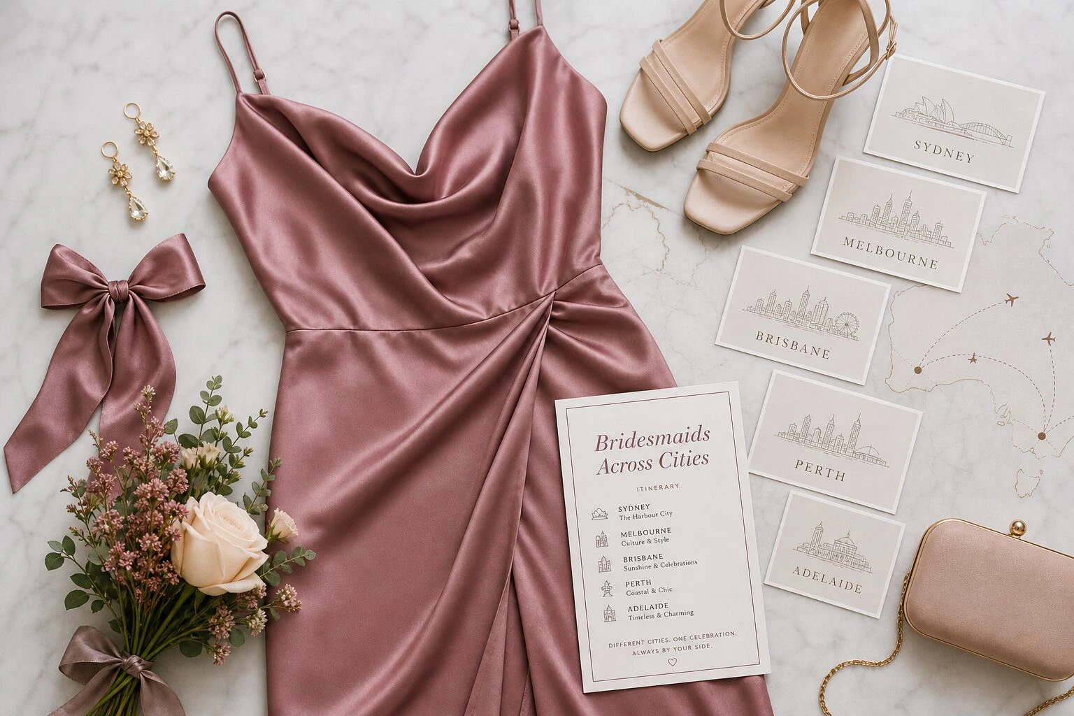 Close-up of bridesmaid dress fabric with matching accessories