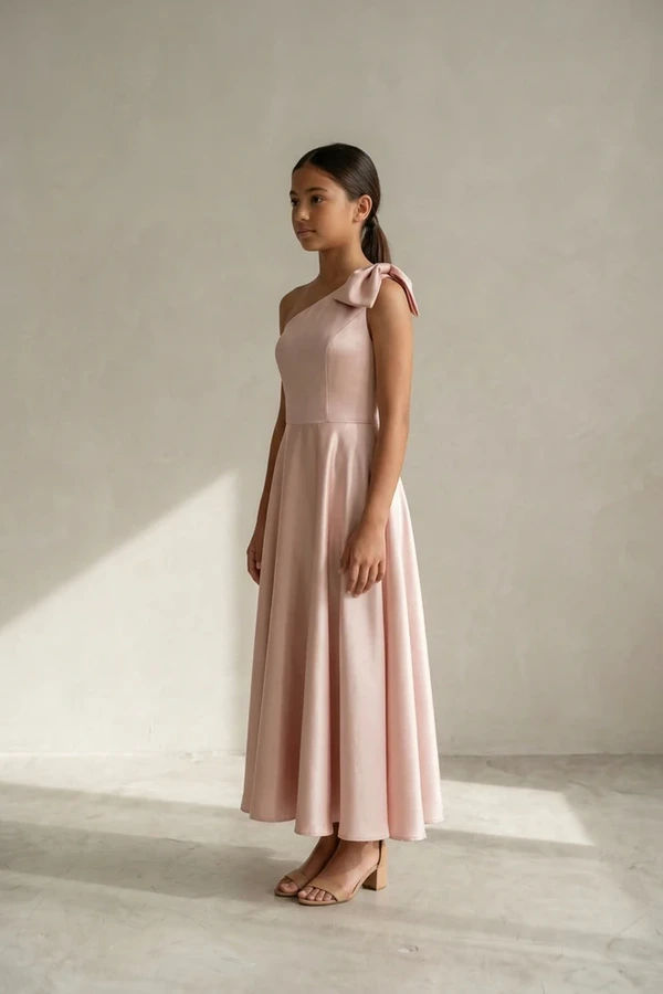 Mara Junior Bridesmaid Dress by TH&TH Blush Pink side Mara Junior Bridesmaid Dress by TH&TH in Blush Pink, side view