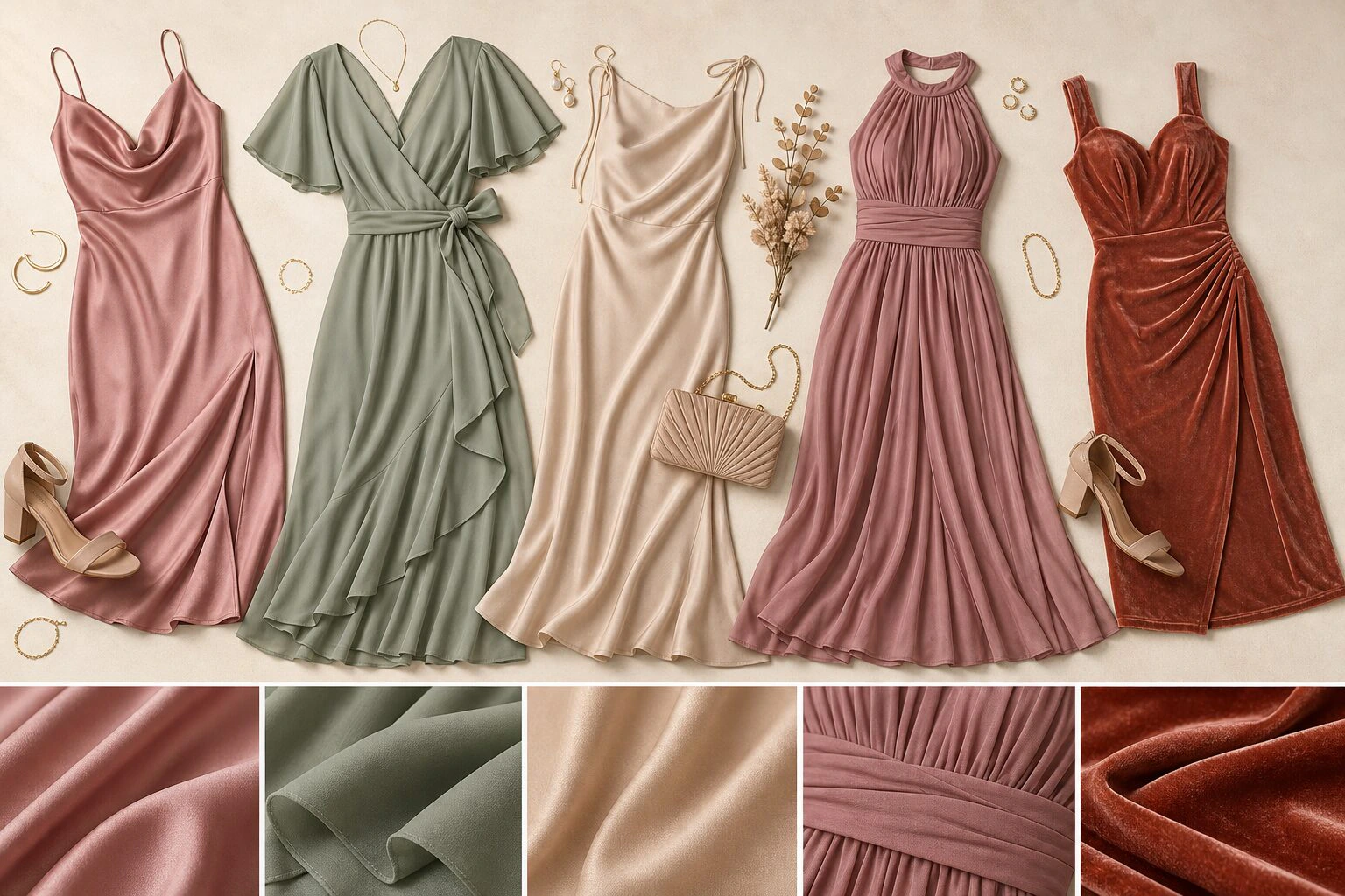 Detail close-up or styled flat-lay of a bridesmaid dress or bridesmaid-party outfit on a model with complementary access