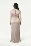 TH&TH Nala bridesmaid dress in Champagne Sky satin, back view (curve model) full length
