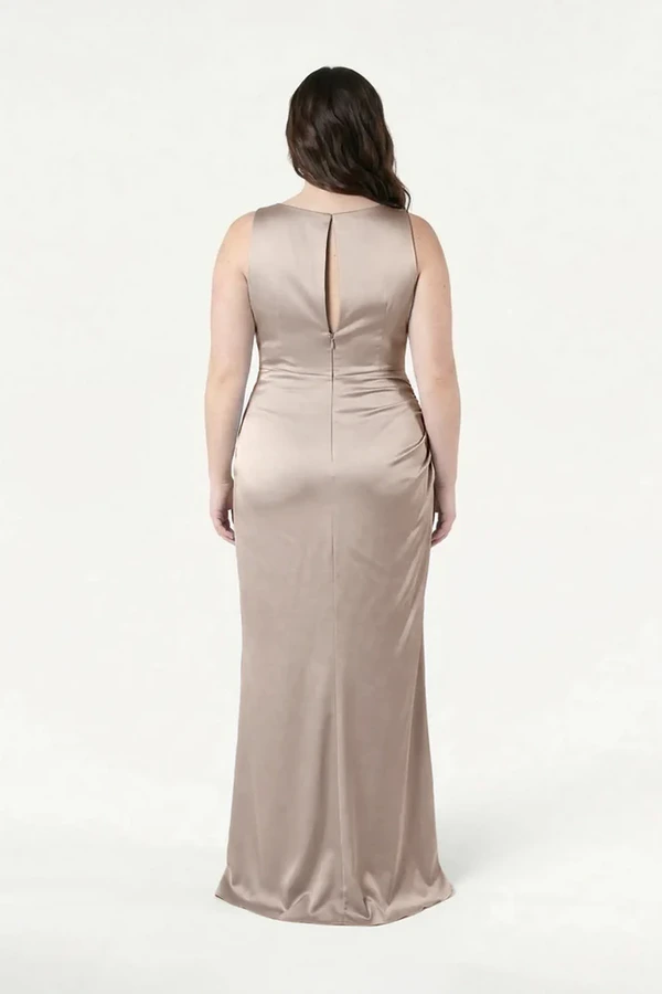 Nala Champagne Sky Bridesmaid Dress by TH&TH — back view (curve model) TH&TH Nala bridesmaid dress in Champagne Sky satin, back view (curve model) full length