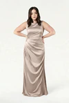 TH&TH Nala bridesmaid dress in Champagne Sky satin, front view (curve model) full length