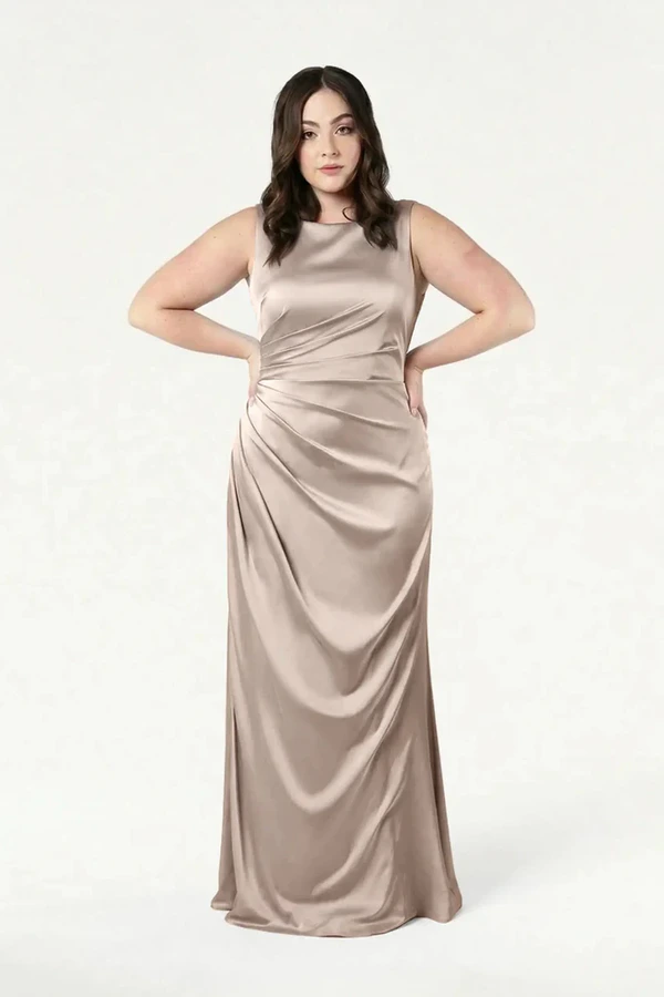 Nala Champagne Sky Bridesmaid Dress by TH&TH — front view (curve model) TH&TH Nala bridesmaid dress in Champagne Sky satin, front view (curve model) full length