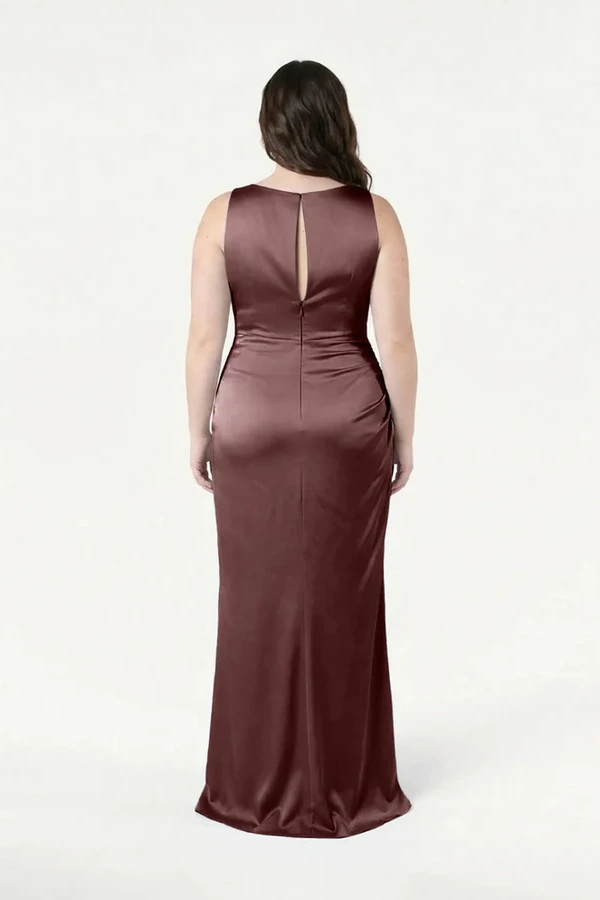 Nala Chocolate Brown Bridesmaid Dress by TH&TH — back view (curve model) TH&TH Nala bridesmaid dress in Chocolate Brown satin, back view (curve model) full length