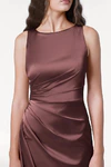 TH&TH Nala bridesmaid dress in Chocolate Brown satin, fabric and ruching detail full length