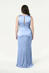 TH&TH Nala bridesmaid dress in Dusty Blue satin, back view (curve model) full length