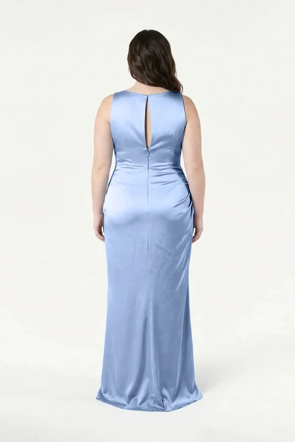 Nala Dusty Blue Bridesmaid Dress by TH&TH — back view (curve model) TH&TH Nala bridesmaid dress in Dusty Blue satin, back view (curve model) full length