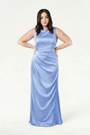 TH&TH Nala bridesmaid dress in Dusty Blue satin, front view (curve model) full length