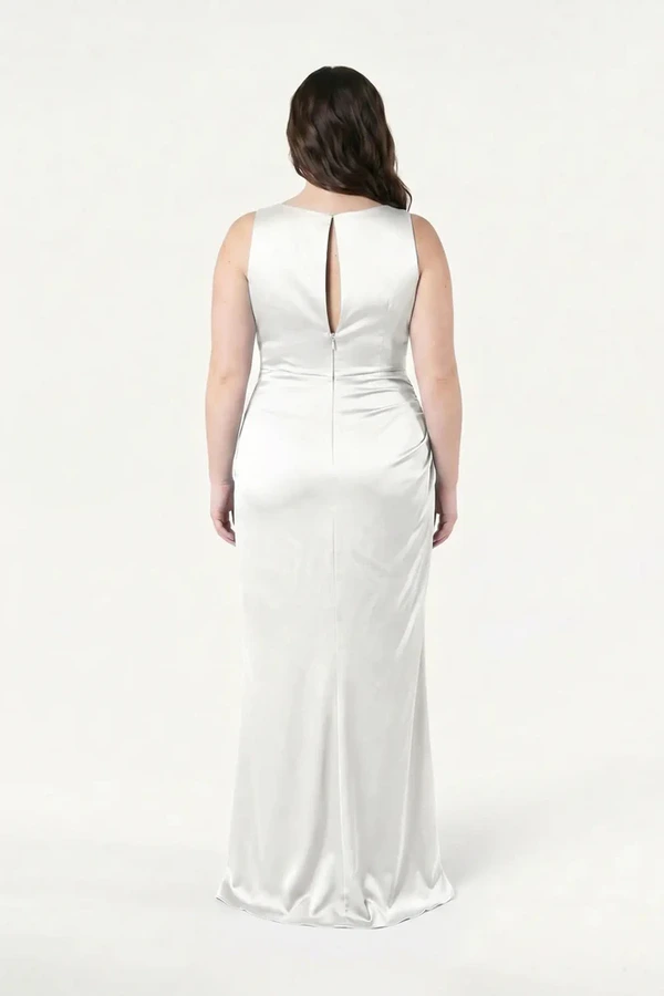 Nala Ivory Bridesmaid Dress by TH&TH — back view (curve model) TH&TH Nala bridesmaid dress in Ivory satin, back view (curve model) full length