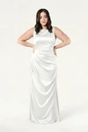 TH&TH Nala bridesmaid dress in Ivory satin, front view (curve model) full length