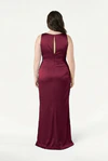 TH&TH Nala bridesmaid dress in Merlot satin, back view (curve model) full length