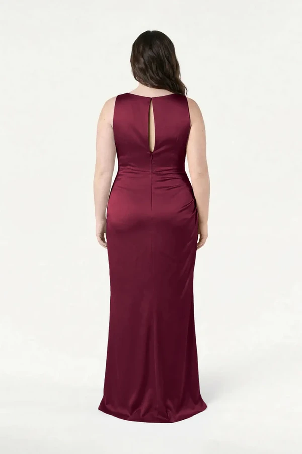 Nala Merlot Bridesmaid Dress by TH&TH — back view (curve model) TH&TH Nala bridesmaid dress in Merlot satin, back view (curve model) full length