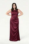 TH&TH Nala bridesmaid dress in Merlot satin, front view (curve model) full length