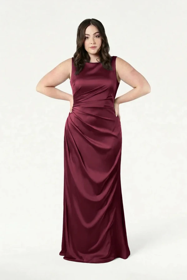 Nala Merlot Bridesmaid Dress by TH&TH — front view (curve model) TH&TH Nala bridesmaid dress in Merlot satin, front view (curve model) full length