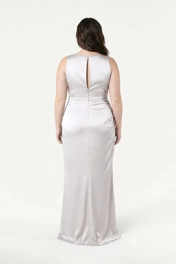 Nala Oyster Bridesmaid Dress by TH&TH — back view (curve model) TH&TH Nala bridesmaid dress in Oyster satin, back view (curve model) full length