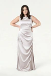 TH&TH Nala bridesmaid dress in Oyster satin, front view (curve model) full length