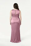 TH&TH Nala bridesmaid dress in Rose Pink satin, back view (curve model) full length