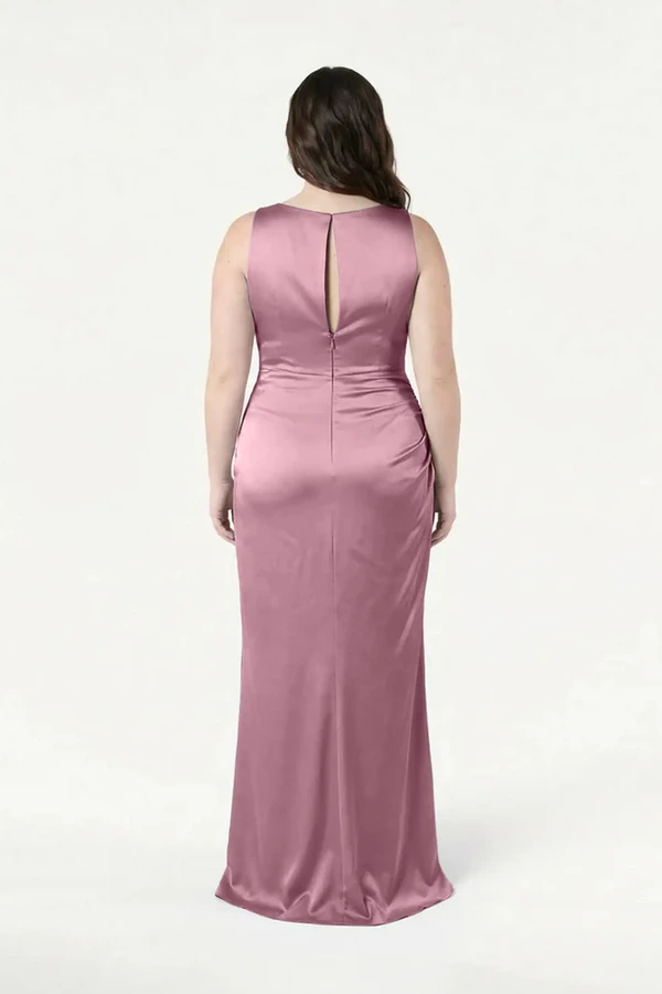 Nala Rose Pink Bridesmaid Dress by TH&TH — back view (curve model) TH&TH Nala bridesmaid dress in Rose Pink satin, back view (curve model) full length
