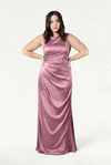 TH&TH Nala bridesmaid dress in Rose Pink satin, front view (curve model) full length