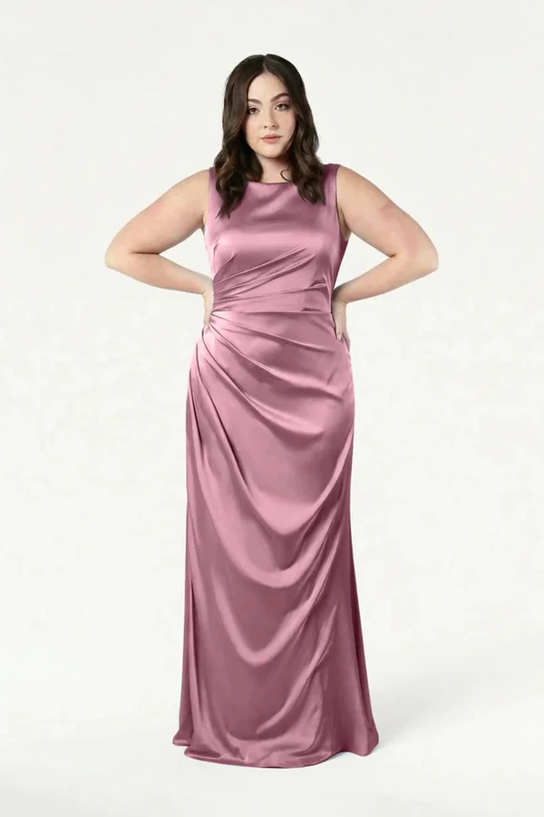 Nala Rose Pink Bridesmaid Dress by TH&TH — front view (curve model) TH&TH Nala bridesmaid dress in Rose Pink satin, front view (curve model) full length