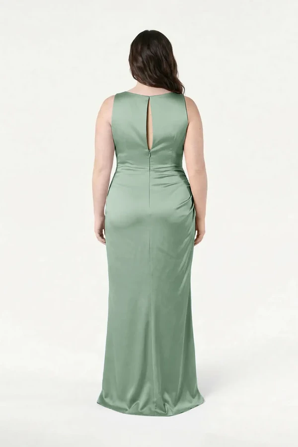 Nala Sage Green Bridesmaid Dress by TH&TH — back view (curve model) TH&TH Nala bridesmaid dress in Sage Green satin, back view (curve model) full length