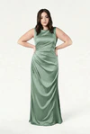TH&TH Nala bridesmaid dress in Sage Green satin, front view (curve model) full length