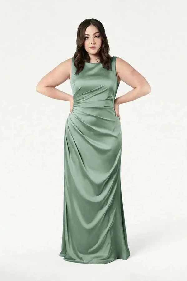 Nala Sage Green Bridesmaid Dress by TH&TH — front view (curve model) TH&TH Nala bridesmaid dress in Sage Green satin, front view (curve model) full length