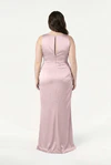 TH&TH Nala bridesmaid dress in Smoked Blush satin, back view (curve model) full length