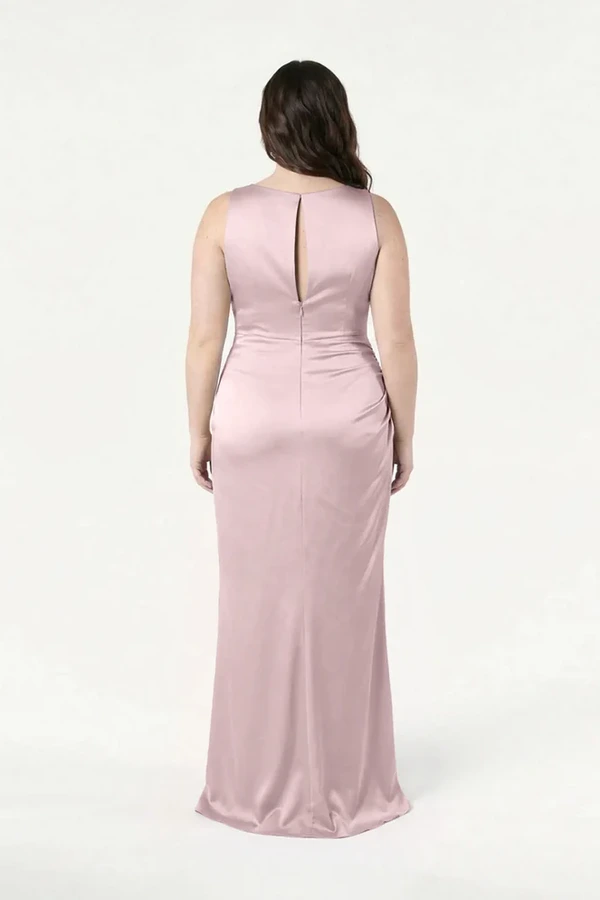 Nala Smoked Blush Bridesmaid Dress by TH&TH — back view (curve model) TH&TH Nala bridesmaid dress in Smoked Blush satin, back view (curve model) full length