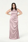 TH&TH Nala bridesmaid dress in Smoked Blush satin, front view (curve model) full length