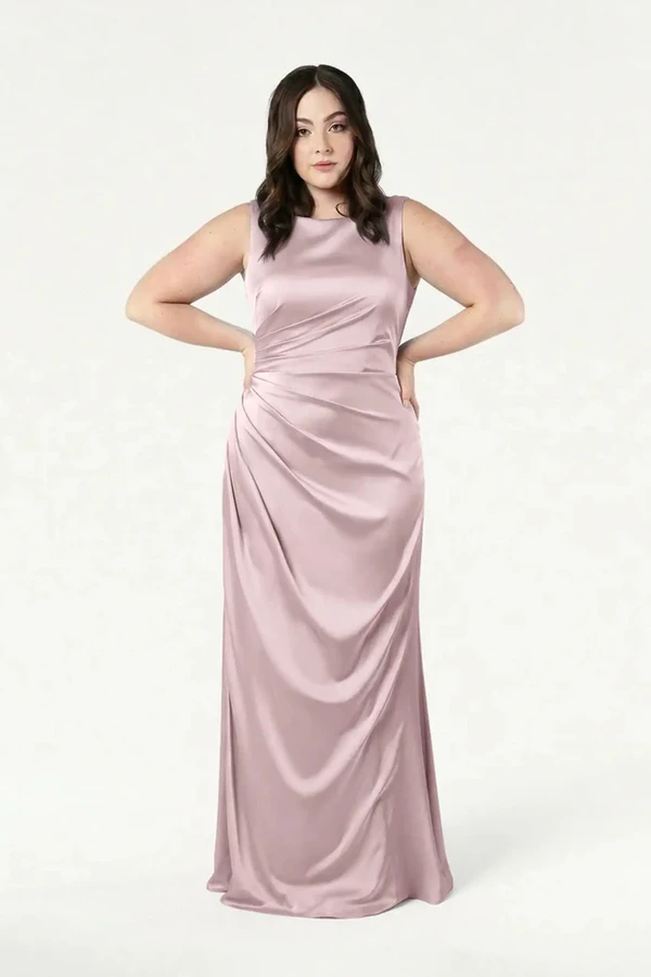 Nala Smoked Blush Bridesmaid Dress by TH&TH — front view (curve model) TH&TH Nala bridesmaid dress in Smoked Blush satin, front view (curve model) full length