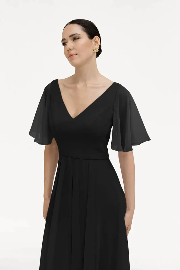 Phoebe Black Bridesmaid Dress by TH&TH - det Black Phoebe bridesmaid dress by TH&TH, fabric and neckline detail