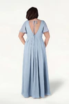 Dusty Blue Phoebe bridesmaid dress by TH&TH, back view on curve model