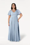 Dusty Blue Phoebe bridesmaid dress by TH&TH, front view on curve model