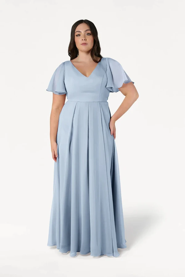 Phoebe Dusty Blue Bridesmaid Dress by TH&TH - cf Dusty Blue Phoebe bridesmaid dress by TH&TH, front view on curve model