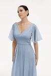 Dusty Blue Phoebe bridesmaid dress by TH&TH, fabric and neckline detail