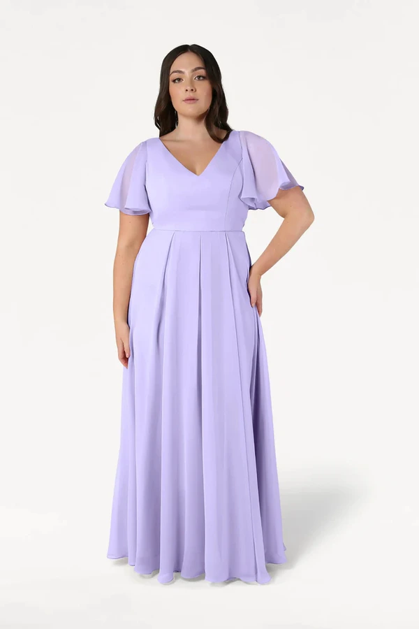 Phoebe Lilac Mist Bridesmaid Dress by TH&TH - cf Lilac Mist Phoebe bridesmaid dress by TH&TH, front view on curve model