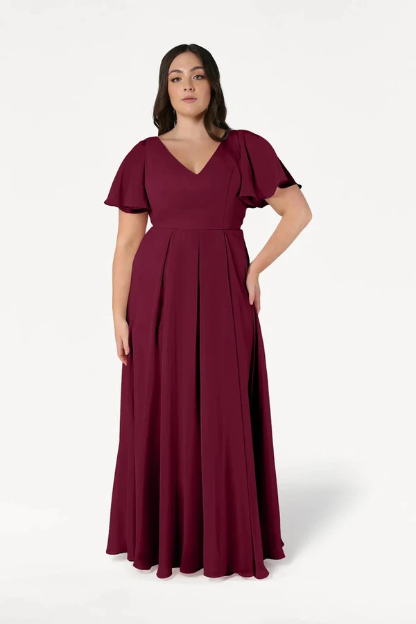 Phoebe Merlot Bridesmaid Dress by TH&TH - cf Merlot Phoebe bridesmaid dress by TH&TH, front view on curve model