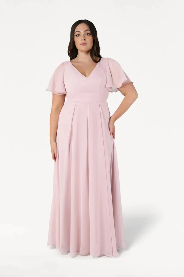Phoebe Smoked Blush Bridesmaid Dress by TH&TH - cf Smoked Blush Phoebe bridesmaid dress by TH&TH, front view on curve model