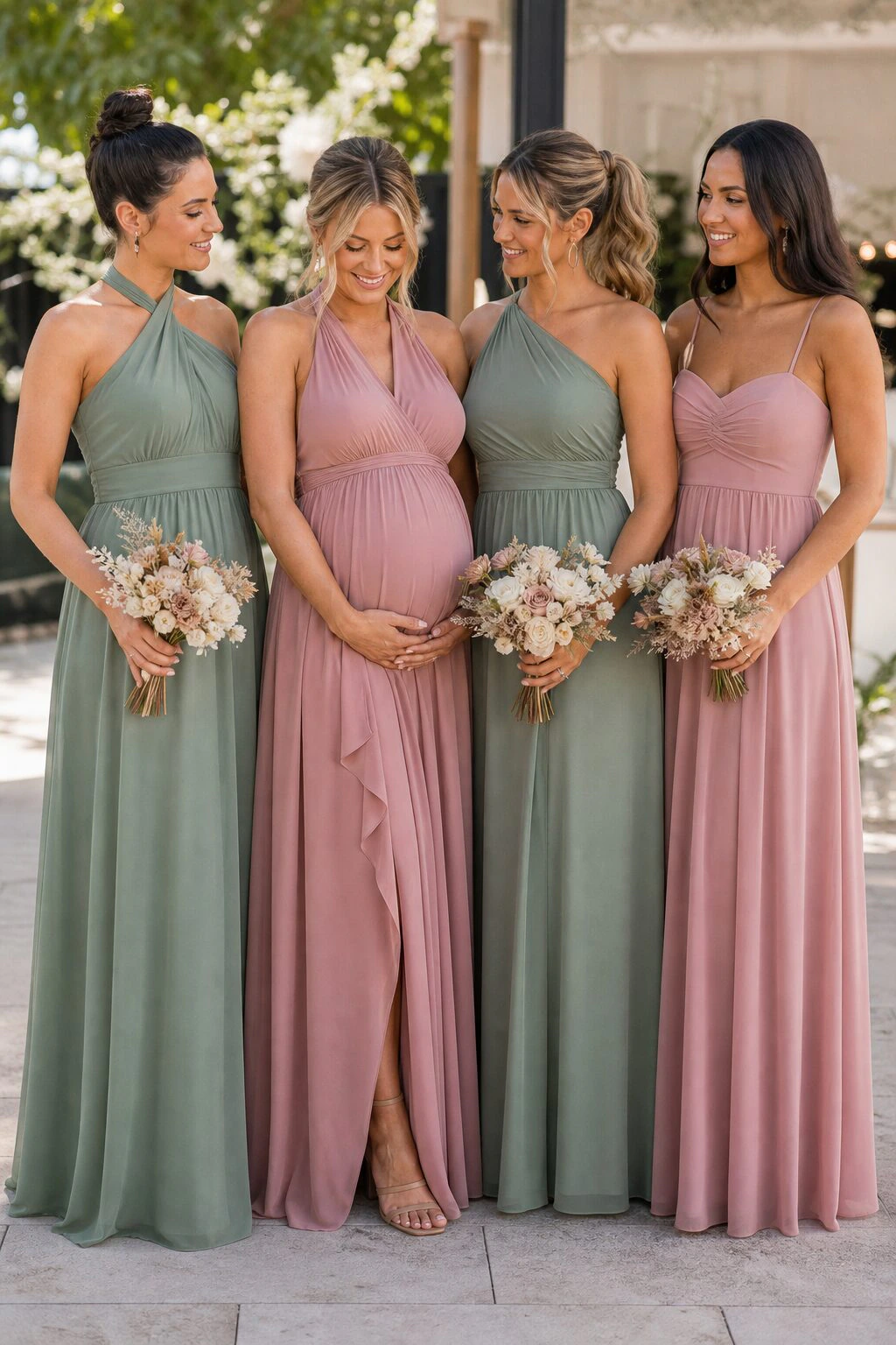 Pregnant bridesmaid in an empire-waist maternity bridesmaid dress