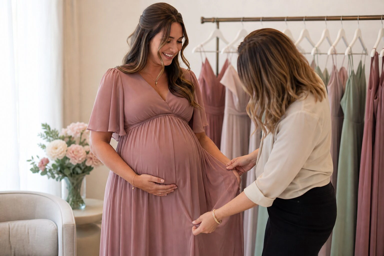 Choosing a bridesmaid dress from a rail in a boutique