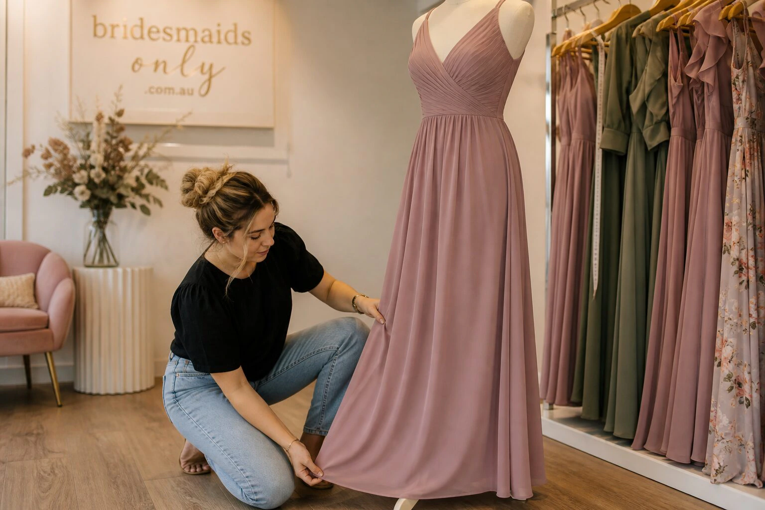 Mid-article supporting image of a person handling or selecting a bridesmaid dress or bridesmaid-party outfit on a model,