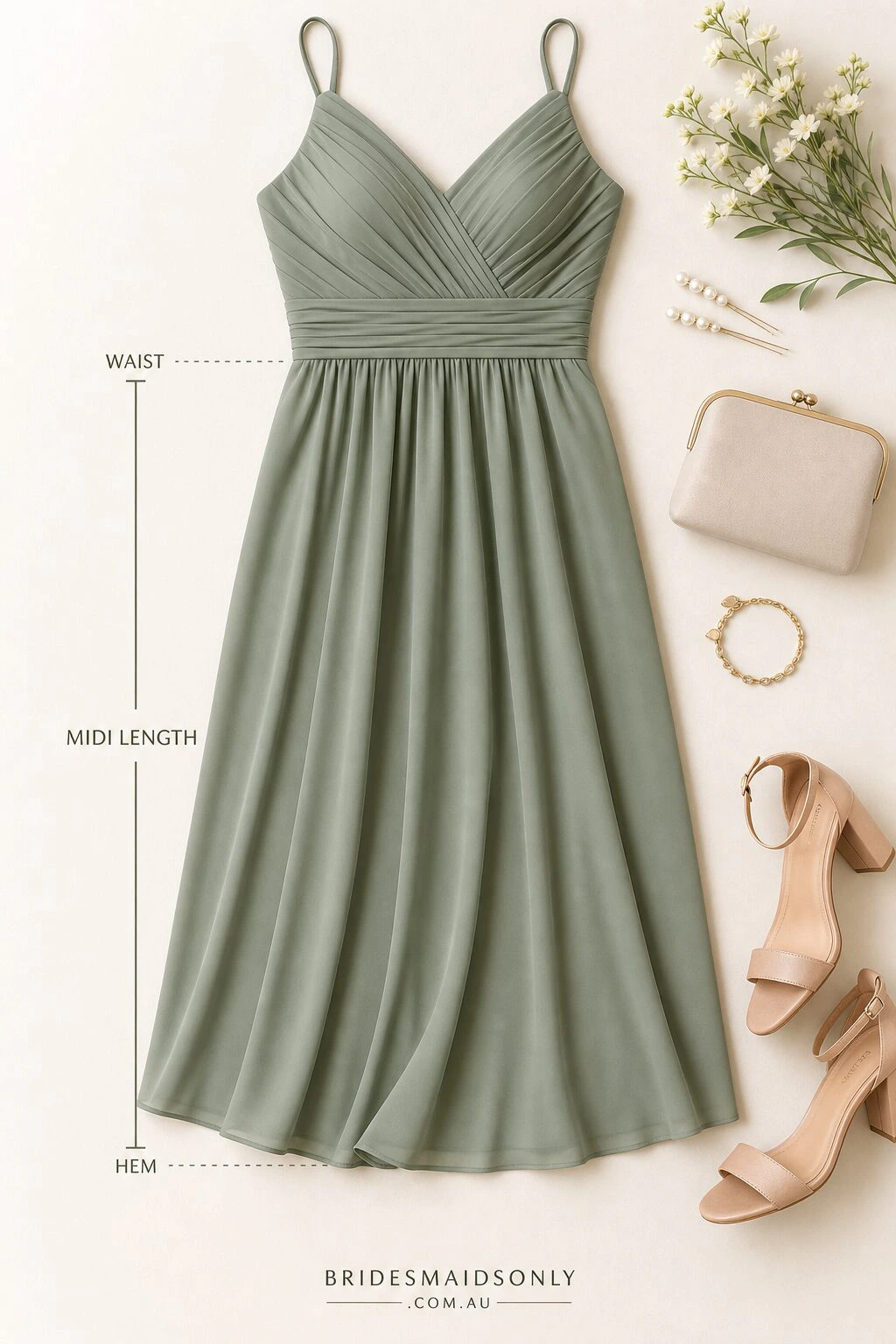Detail close-up or styled flat-lay of a bridesmaid dress or bridesmaid-party outfit on a model with complementary access