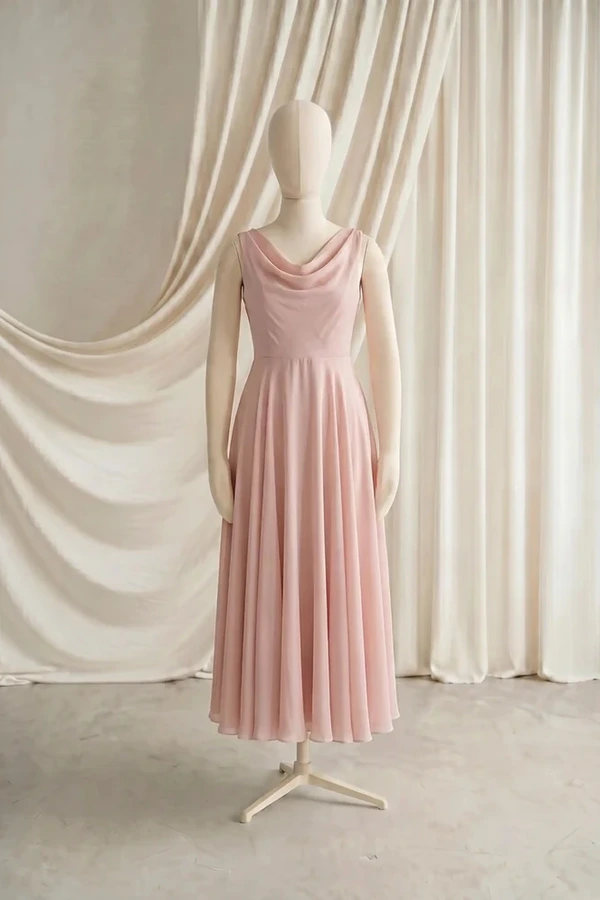Athena Junior Bridesmaid Dress by TH&TH – Blush Pink – Front Athena junior bridesmaid dress by TH&TH in Blush Pink chiffon, full-length front view