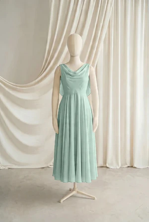 Athena junior bridesmaid dress by TH&TH in Dusty Eucalyptus chiffon, full-length front view