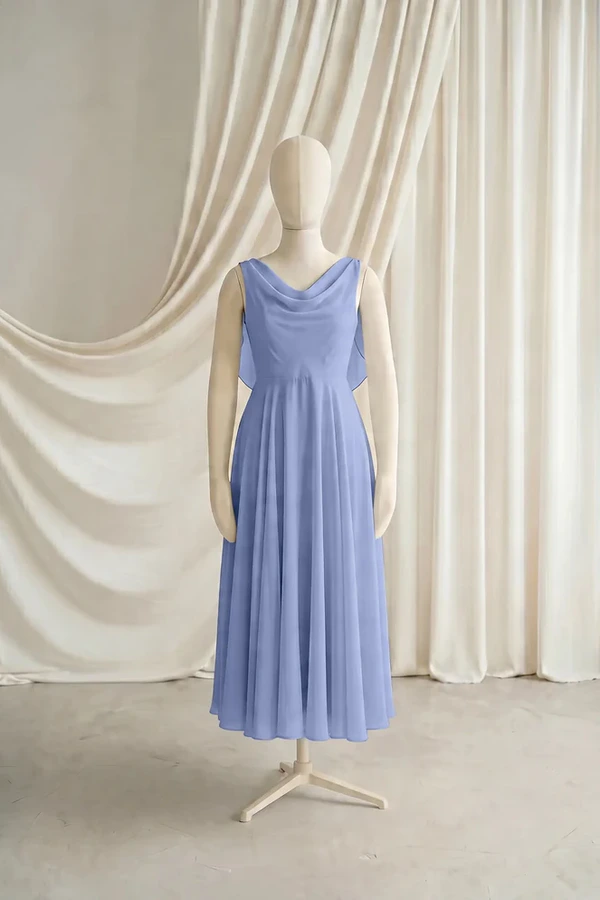 Athena Junior Bridesmaid Dress by TH&TH – French Blue – Front Athena junior bridesmaid dress by TH&TH in French Blue chiffon, full-length front view