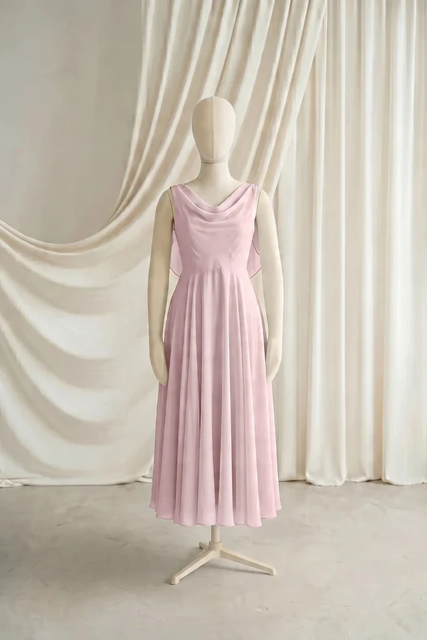 Athena Junior Bridesmaid Dress by TH&TH – Smoked Blush – Front Athena junior bridesmaid dress by TH&TH in Smoked Blush chiffon, full-length front view