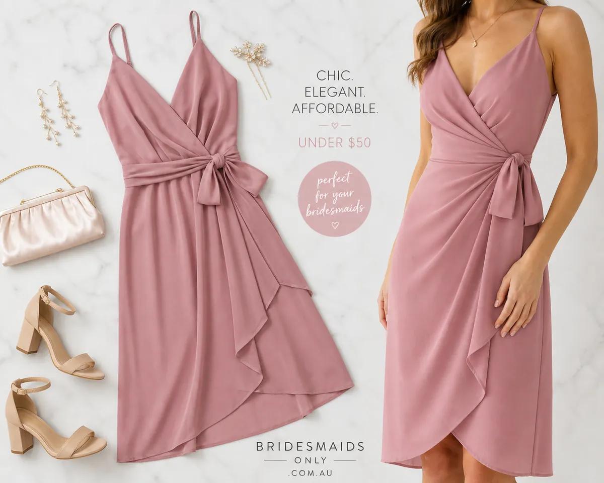 Detail close-up or styled flat-lay of a bridesmaid dress or bridesmaid-party outfit on a model with complementary access