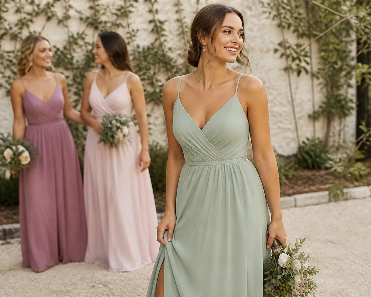Hero lifestyle shot of a bridesmaid dress or bridesmaid-party outfit on a model, contextually illustrating 'cheap brides