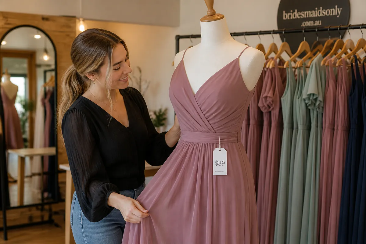 Mid-article supporting image of a person handling or selecting a bridesmaid dress or bridesmaid-party outfit on a model,